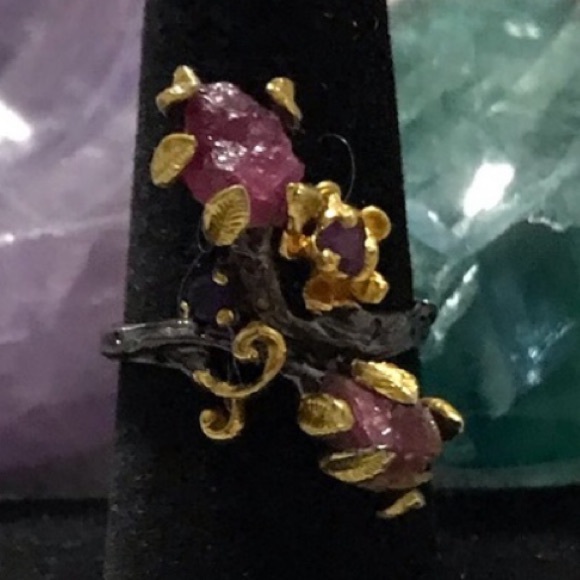 New OOAK Sterling Silver Rhodium Plated Pink Ruby Floral Leaf Ring Size 7.75 - Picture 13 of 14